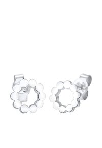 Silberne blütenförmige Ohrstecker mit glatten Kanten und einem offenen Zentrum, ausgestattet mit einer polierten Oberfläche und einer sicheren Stiftverschlussbefestigung.