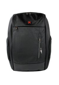 Zwarte stoffen rugzak met een gestructureerd oppervlak, voorzien van een groot vak en meerdere met rits gesloten zakken. Inclusief een logo in het rood.