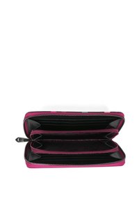 Purple and black zippered wallet with multiple compartments, smooth texture, interior card slots, and patterned lining.