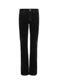 Pantaloni in corduroy neri con un design a gamba dritta, cinque tasche e chiusura con bottone. Il tessuto presenta una morbida texture a costine.