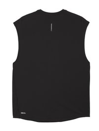 Maglietta atletica nera senza maniche realizzata in tessuto traspirante con cuciture flatlock. Presenta un accento verticale bianco sulla schiena.