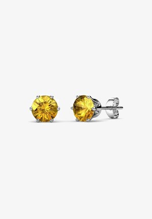 Gelbe Edelstein-Stud-Ohrstecker mit sechszackigen silbernen Fassungen. Runde Form, polierte Oberfläche und klarer Glanz. Insgesamt zwei Ohrringe.