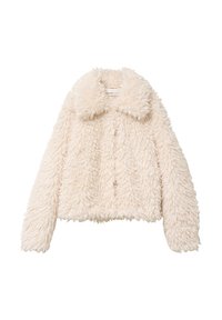 Veste cropped en fausse fourrure beige clair, avec un large col, une surface texturée et une fermeture à boutons sur le devant. Tissu doux et pelucheux avec des manches longues.