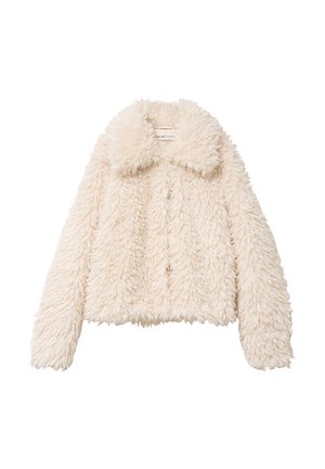Krótka kurtka z sztucznego futra w jasnym beżu, z szerokim kołnierzem, teksturowaną powierzchnią i zapięciem na guziki z przodu. Miękki, pluszowy materiał z długimi rękawami.