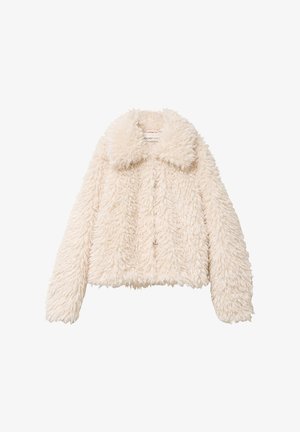 Chaqueta corta de piel sintética en beige claro, con un cuello ancho, superficie texturizada y cierre frontal de botones. Tejido suave y esponjoso con mangas largas.