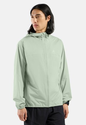 Hellgrüne, leichte Jacke mit Kapuze, durchgehendem Reißverschluss und elastischen Bündchen. Hergestellt aus glattem Stoff, mit einem Logo auf der Brust.