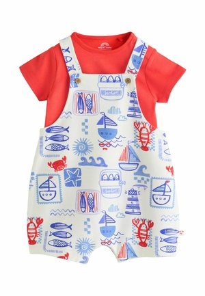 Red short-sleeve baby shirt with white overall shorts featuring blue and red nautical prints of boats, fish, lobsters, and suns.