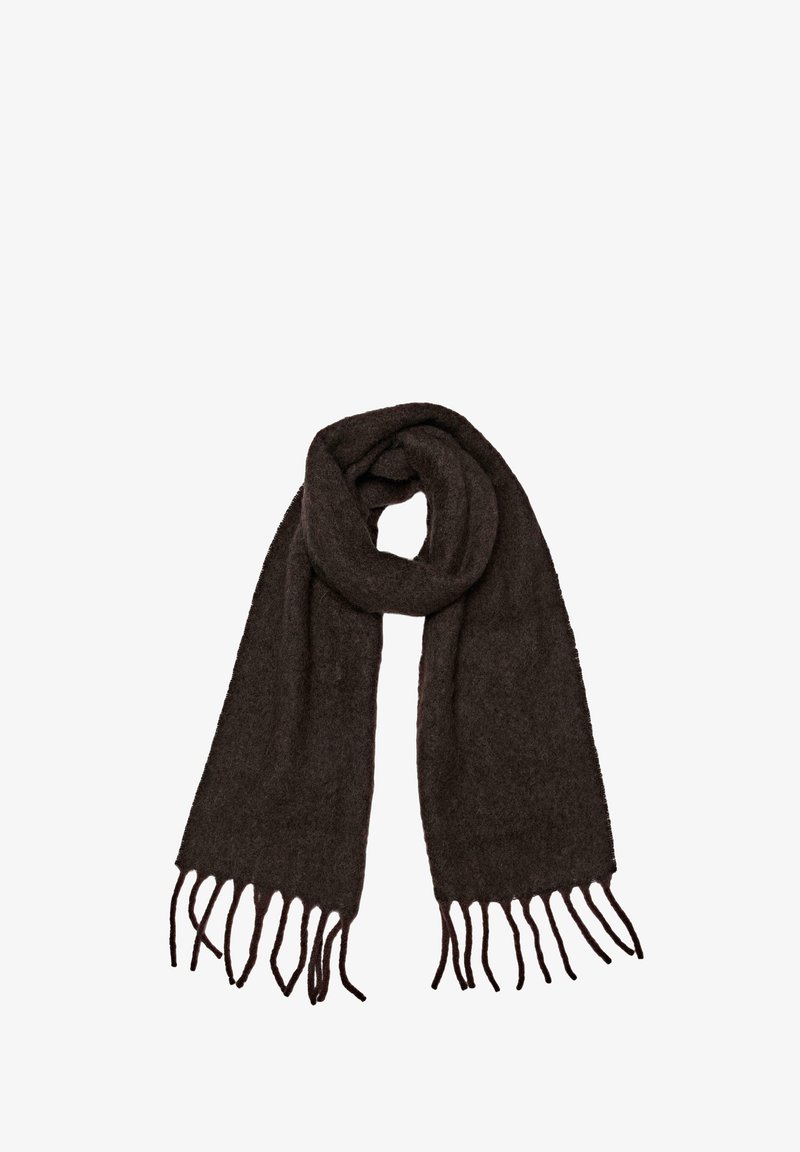 Sciarpa di lana marrone con una texture morbida, caratterizzata da lunghe frange su entrambe le estremità. Il design è semplice e di forma rettangolare.