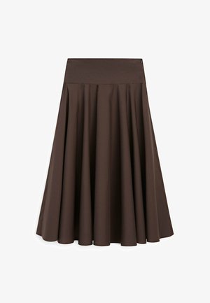 Gonna marrone a trapezio con ampia cintura e cerniera laterale, di lunghezza al ginocchio e realizzata in tessuto liscio.