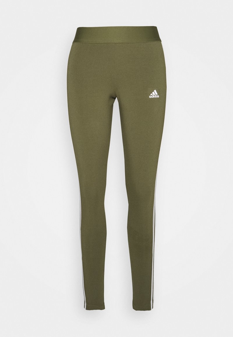 Olive green leggings made of stretchy fabric, featuring a high waistband and white side stripes with an Adidas logo on the left thigh.