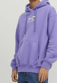 Felpa viola con tasca frontale, cordini, grafica di montagna e logo. Realizzata in tessuto morbido con polsini e orlo a coste.