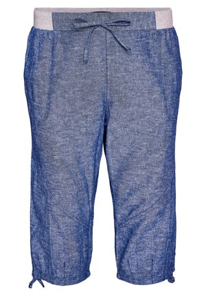 Blauwe casual shorts van gemiddelde lengte met trekkoord in de taille, voorzakken en verstelbare koordjes aan de zoom, gemaakt van gestructureerde stof.