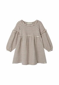 Raidallinen pitkähihaiseksi mekko off-white ja viininpunainen. Varustettu röyhelökauluksella ja levenevillä hihoilla, empire-mallisella vyötäröllä ja pehmeällä rakenteella.