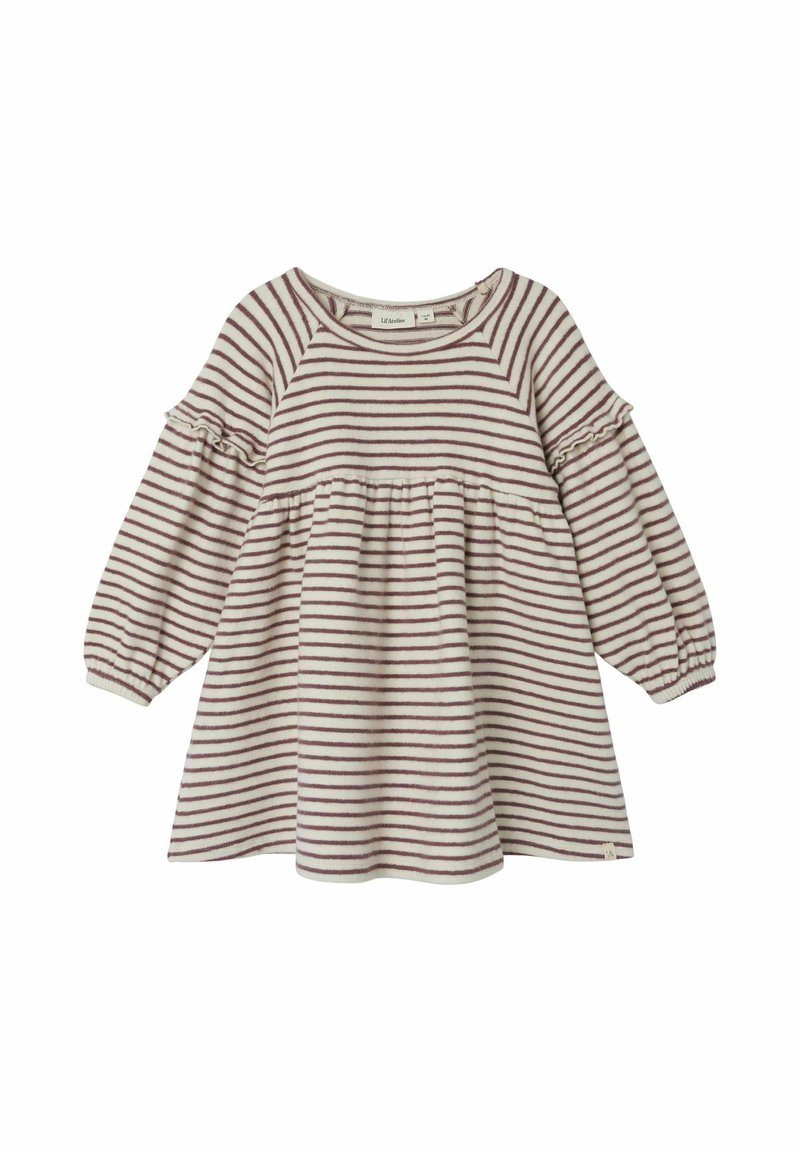 Raidallinen pitkähihaiseksi mekko off-white ja viininpunainen. Varustettu röyhelökauluksella ja levenevillä hihoilla, empire-mallisella vyötäröllä ja pehmeällä rakenteella.