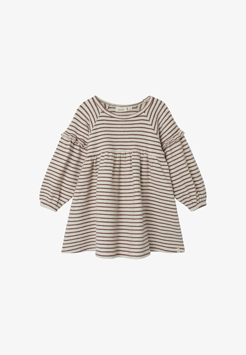 Raidallinen pitkähihaiseksi mekko off-white ja viininpunainen. Varustettu röyhelökauluksella ja levenevillä hihoilla, empire-mallisella vyötäröllä ja pehmeällä rakenteella.