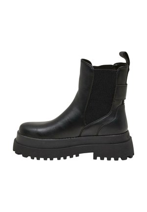 Schwarze Leder-Stiefelette mit elastischen Seitenpaneelen, dicker Gummisohle und Zuglasche. Glatte Textur mit matter Oberfläche und robuster Bauweise.