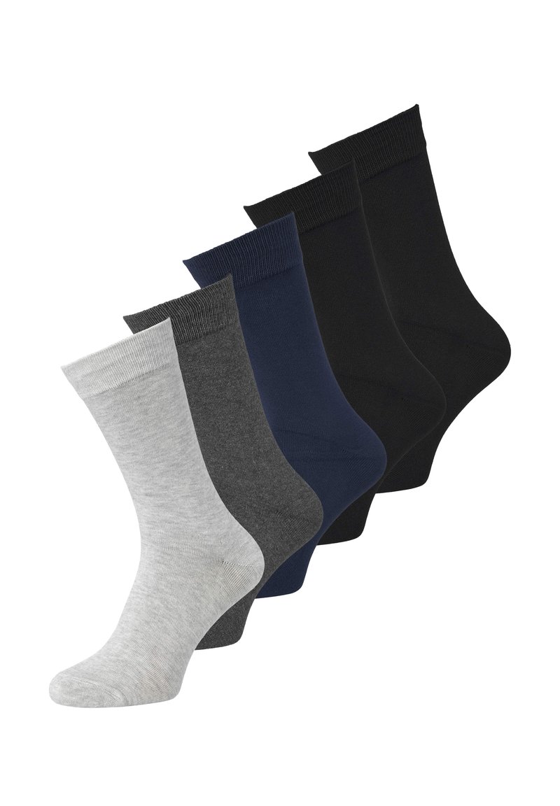 Ensemble de cinq paires de chaussettes montantes en gris, gris foncé, bleu marine, noir et noir uni. Mélange de coton, bords côtelés, texture lisse, longueur standard.