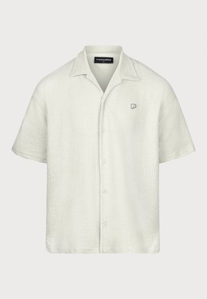 Koszula z krótkim rękawem w jasnoszarym kolorze z teksturowanym wzorem, kołnierzykiem i zapięciem na guziki z przodu; na lewej piersi ma małe logo.