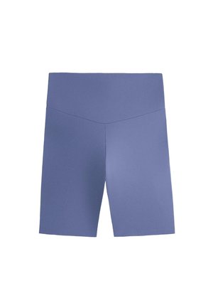 Blue high-waist, mid-thigh length seamless athletic shorts with a V-shaped waistband detail.