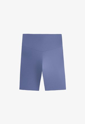Blue high-waist, mid-thigh length seamless athletic shorts with a V-shaped waistband detail.