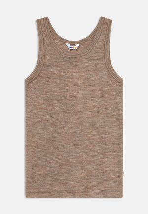 Top smanicato marrone in lana con scollo rotondo, tessuto a maglia piatta e piccola etichetta colorata del marchio al colletto.
