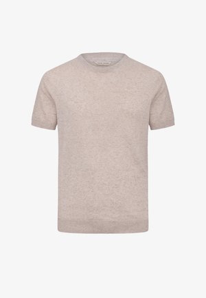 Men's short-sleeve beige knitted sweater with crew neckline and ribbed cuffs and hem.