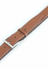 Brown leather belt with a smooth finish, featuring a silver metal buckle and multiple adjustment holes. Decorative stitching along the edge.