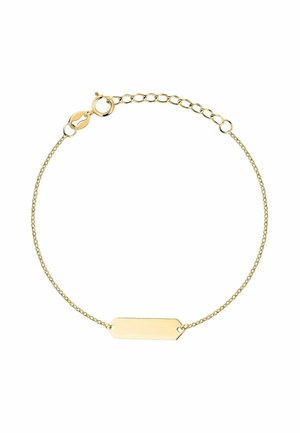 Feines Goldketten-Armband mit einer rechteckigen, blanken Identifikationsplatte und verstellbarem Verschluss.