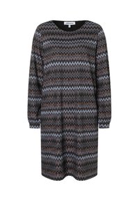 Kneeslanges Kleid in Schwarz mit einem Zickzackmuster in Blau, Braun und Bronze. Runder Ausschnitt und lange Puffärmel. Weicher Strickstoff.