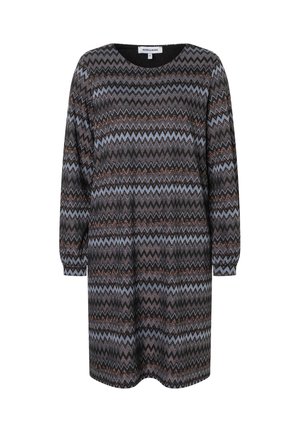 Kneeslanges Kleid in Schwarz mit einem Zickzackmuster in Blau, Braun und Bronze. Runder Ausschnitt und lange Puffärmel. Weicher Strickstoff.