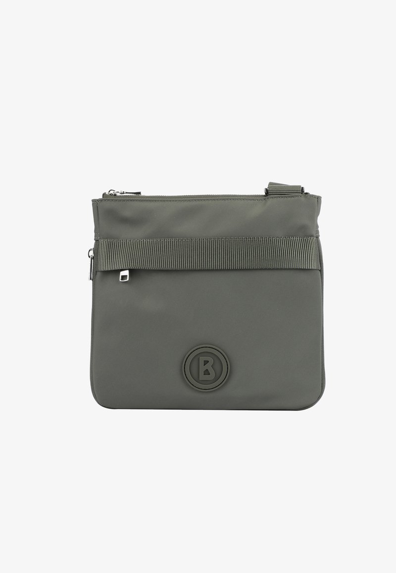 Sac à épaule gris et élégant en nylon avec une bande en tissu texturé, fermeture éclair et un accent logo circulaire proéminent.