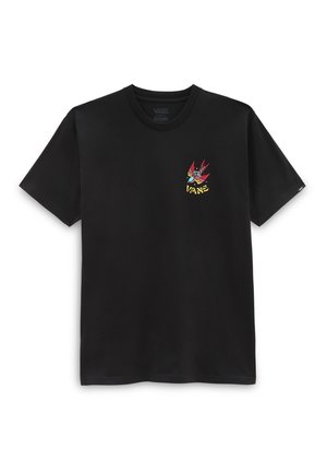 Czarny t-shirt Vans z krótkim rękawem, okrągłym dekoltem i małym kolorowym logo ptaka na lewej piersi z nazwą marki Vans.