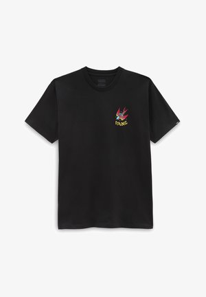 Czarny t-shirt Vans z krótkim rękawem, okrągłym dekoltem i małym kolorowym logo ptaka na lewej piersi z nazwą marki Vans.