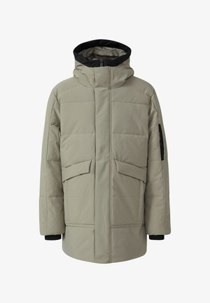 Giacca imbottita di colore grigio chiaro con cappuccio nero, dotata di ampie tasche frontali, taglio dritto e polsini elasticizzati per garantire calore.