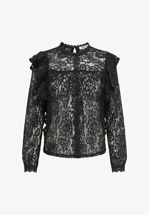 Zwarte kanten top met een hoge halslijn, ruches op de schouders, lange mouwen en knoopsluiting. Fijne bloempatronen en delicate afwerking.