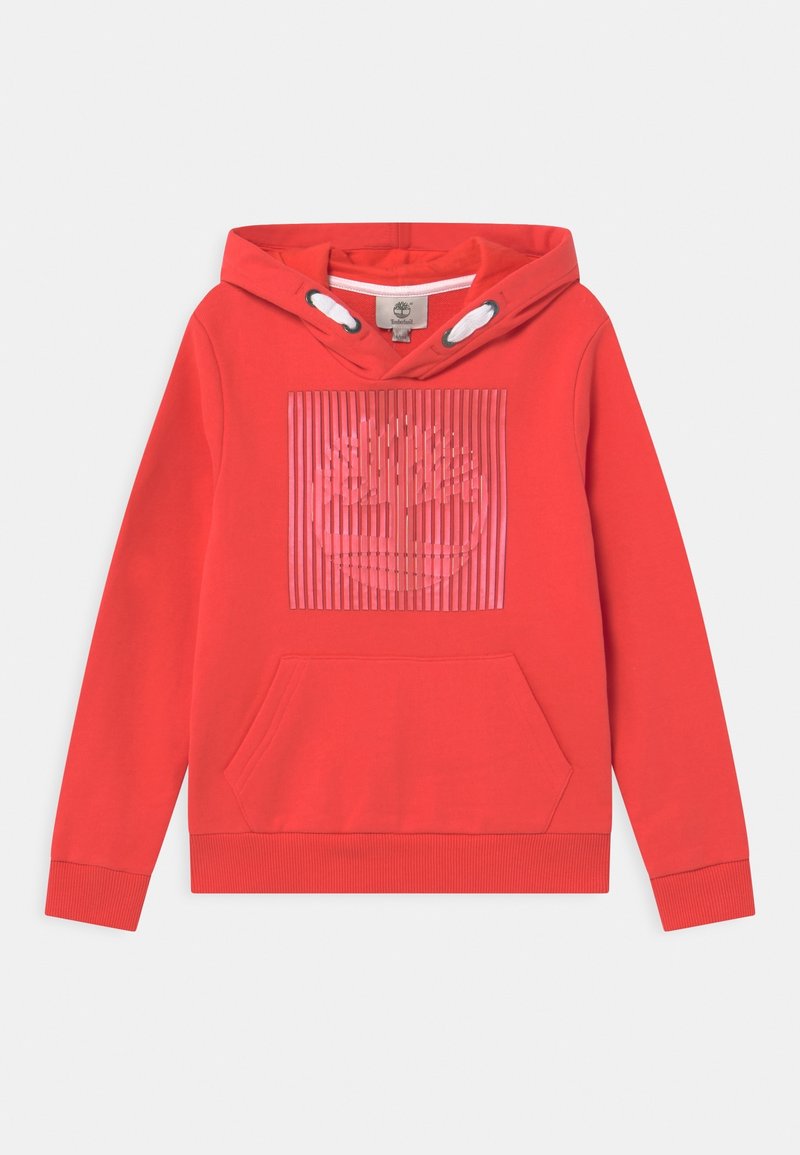 Felpa rossa con cappuccio, dotata di tasca frontale a marsupio e un design a strisce trasparenti che presenta un logo ad albero sul petto.