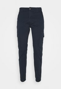 Marineblå cargobyxor med en figursydd design, två sidofickor, elastiska muddar och knappstängning. Tillverkade av ett slitstarkt tyg med en mjuk textur.