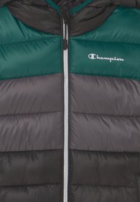 Doudoune noire et verte avec capuche, dotée d'une fermeture éclair intégrale et de coutures verticales. Logo "Champion" affiché sur la poitrine.