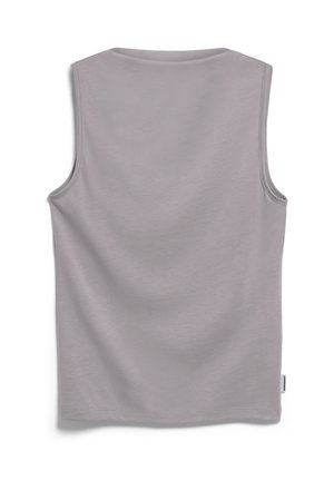 Débardeur gris clair sans manches vu de dos, avec une petite étiquette en tissu blanc sur la couture latérale droite.