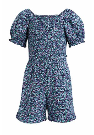 Combinaison courte bleu marine à petit imprimé floral multicolore, manches ballon, corsage smocké, encolure carrée et short à ourlet volanté.