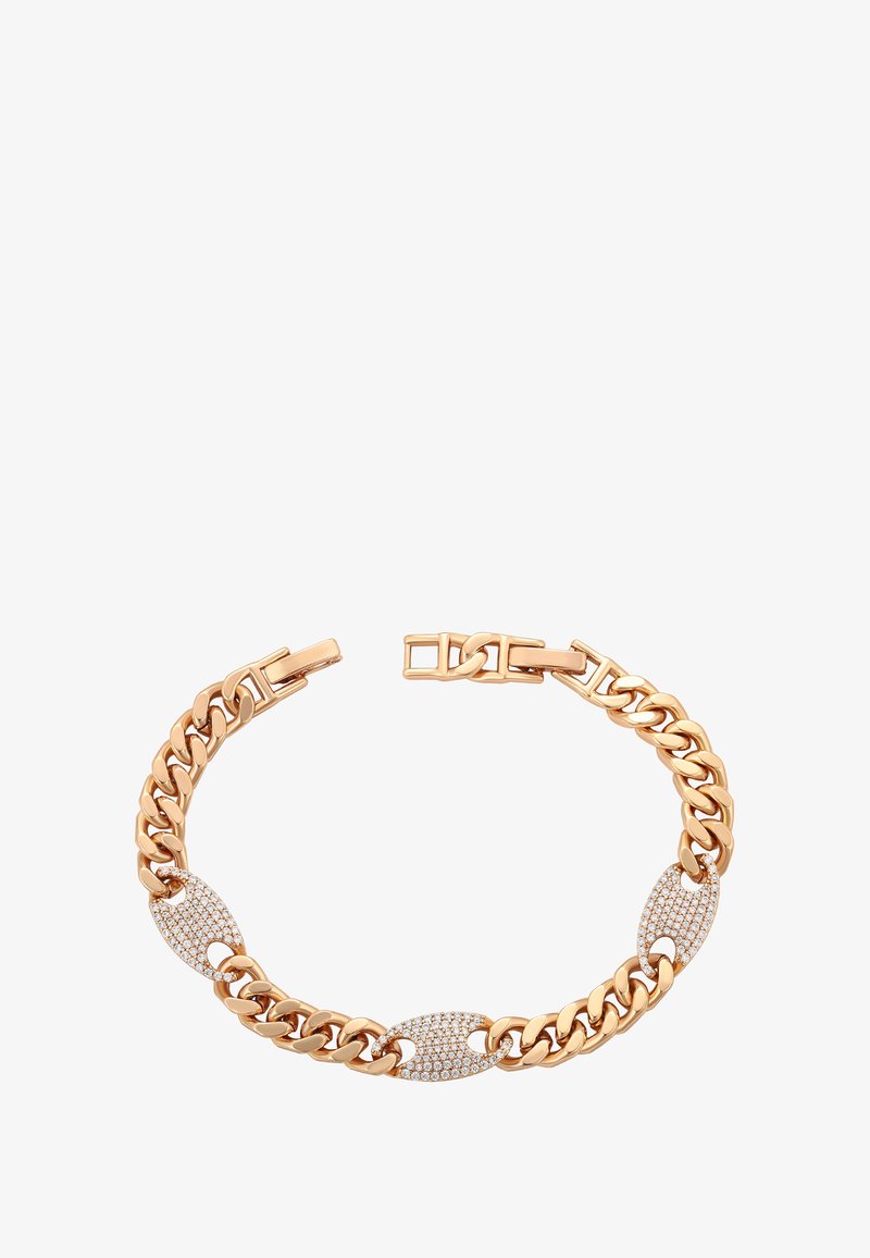 Náramek z pozlaceného kovu s oválnými články a akcenty z čirých krystalů, vybavený bezpečnou sponou. Hladký povrch s lesklým finišem.