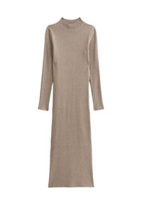 Abito a coste beige con collo alto, maniche lunghe e silhouette aderente, che arriva fino al polpaccio.