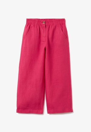 Pantaloni larghi in lino rosa con cintura elastica, chiusura con un bottone e due tasche laterali. Tessuto liscio e vestibilità rilassata.