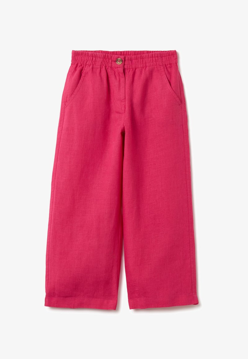 Pantalons larges en lin rose avec une taille élastique, une fermeture à un bouton et deux poches latérales. Texture lisse et coupe décontractée.