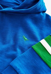 Modrá mikina s kapucí zdobená výšivkou zeleného dinosaura. Rukávy mají zelené a bílé pruhy s jemnou texturou.