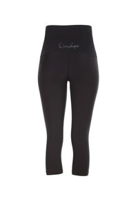 Svarta capri-leggings med hög midja, tillverkade av stretchigt tyg, med diskreta sömnadsdetaljer och en liten logotyp nära midjan.