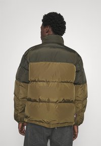 Chaqueta tipo plumas con cuello alto, presenta un diseño bicolor en verde oscuro y oliva, fabricada en nylon brillante, con puños elásticos y una etiqueta de logo.