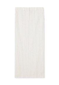Jupe blanche en crayon avec des rayures verticales noires, présentant une texture lisse, une coupe ajustée et une taille mi-haute. Pas de quincaillerie visible.