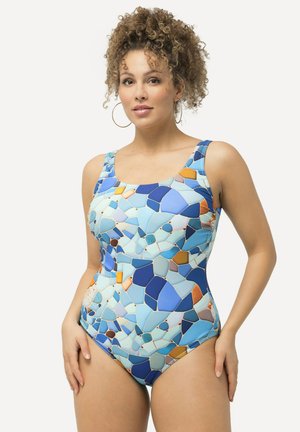 Eénstuk zwempak in een mozaïekpatroon met tinten blauw, oranje en wit. Glad materiaal, brede bandjes en een getailleerd ontwerp.