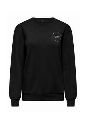 Sort langærmet crewneck-sweatshirt med ribbet manchetter og kant, med hvid cirkulær tekst på venstre bryst med teksten "Only Play Est. 2006".
